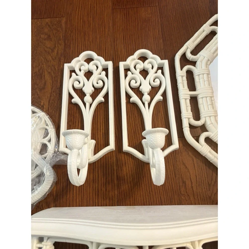 Homco Bathroom Wall Decor Set Faux Wicker Mirror Shelf Candle Towel Holder